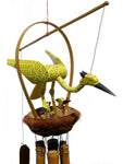 Yellow Bird with Babies Bamboo Wood Chime Handmade, Coconut 40" , Bobbing Head, Patio Mobile