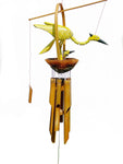 Yellow Bird with Babies Bamboo Wood Chime Handmade, Coconut 40" , Bobbing Head, Patio Mobile